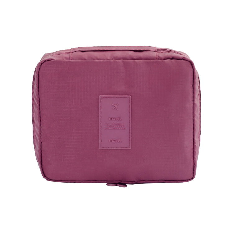 Wine red zippered toiletry organizer bag with front logo patch and carrying loop.