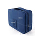 Navy zippered toiletry organizer bag with side seam and measurement markings.