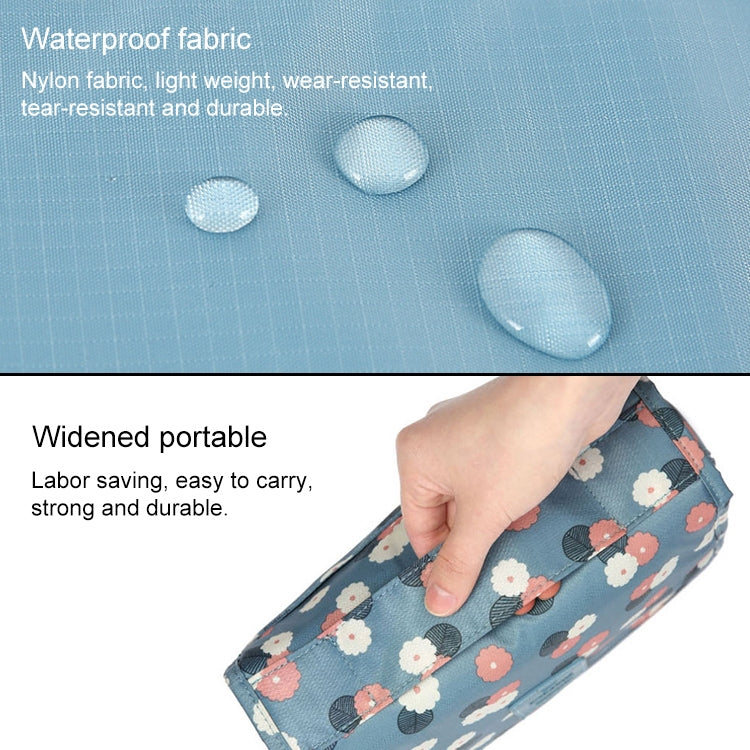 Light blue waterproof fabric cosmetic bag with subtle texture and water-drop look.