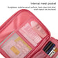 Pink toiletry organizer bag interior with clear mesh pocket and elastic holders.