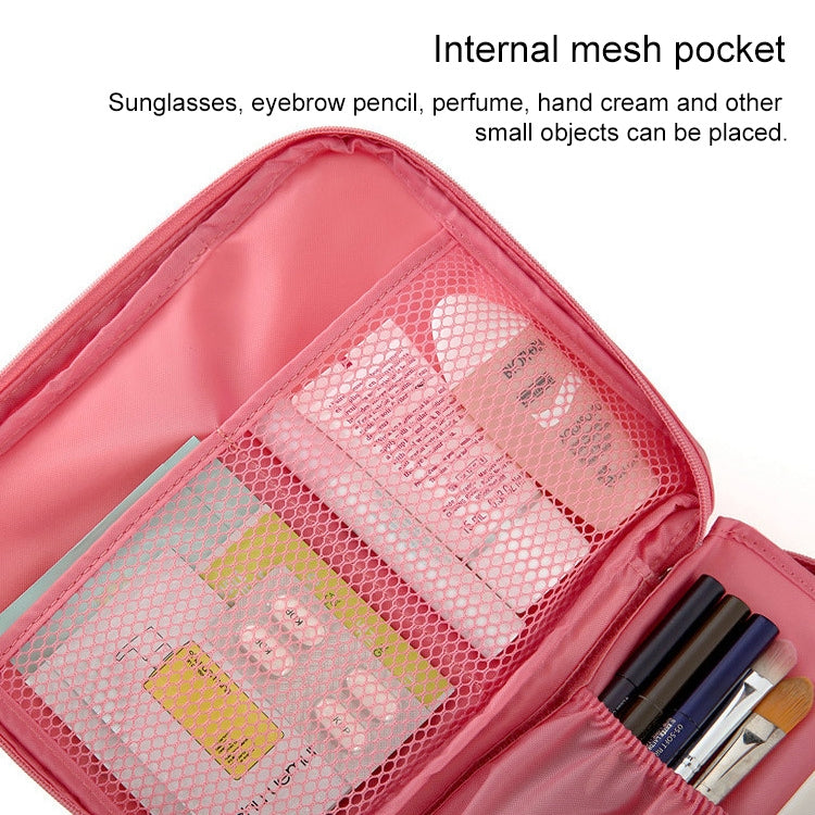 Pink toiletry organizer bag interior with clear mesh pocket and elastic holders.