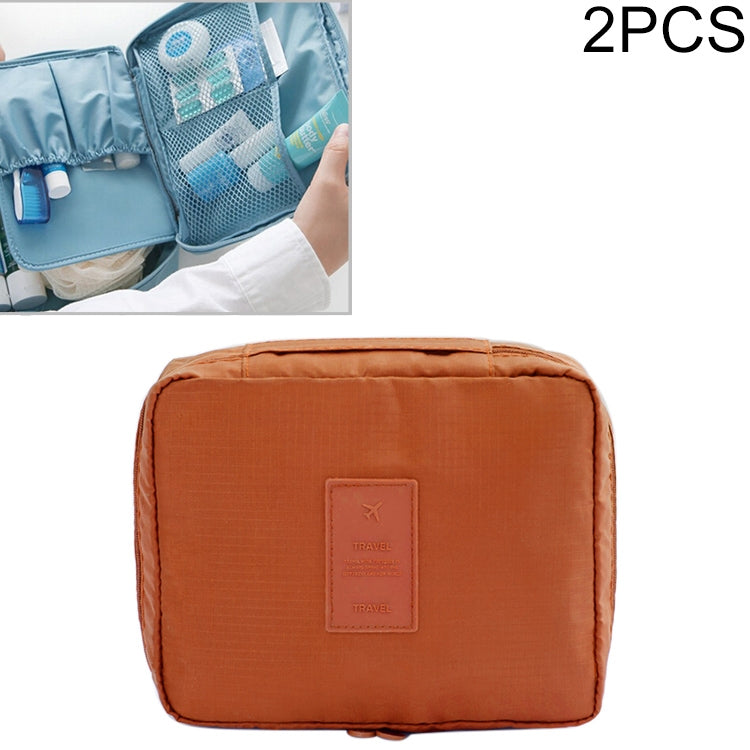 Orange waterproof travel toiletry makeup bag pouch with handle and embossed label