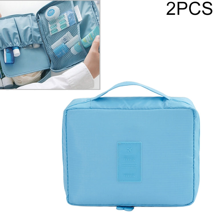 Light blue waterproof travel toiletry makeup bag pouch with handle and embossed label