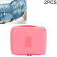 Pink waterproof travel toiletry makeup bag pouch with top handle and embossed label
