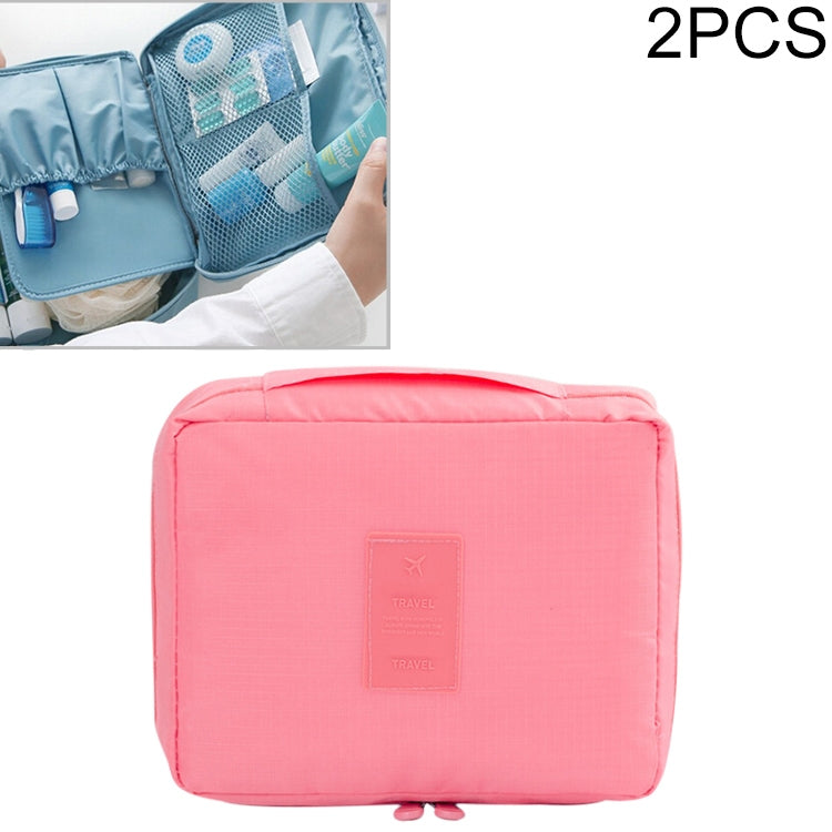 Pink waterproof travel toiletry makeup bag pouch with top handle and embossed label