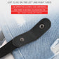 Black elastic PU waistband with snap-tab on denim jeans, adjustable fit