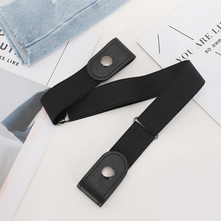 Black elastic PU waistband with two snap tabs, buckle-free end design