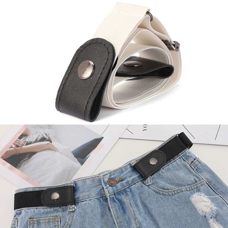 White elastic PU waistband with black leather snap-tab buckle-free end