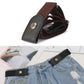 Buckle-free elastic PU leather waistband with snap, brown strap and metal eyelet.