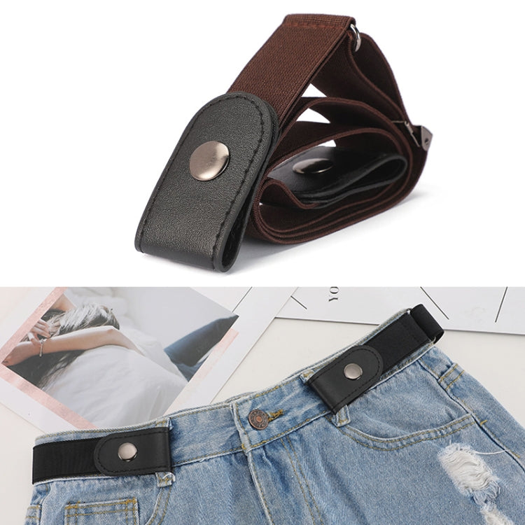 Buckle-free elastic PU leather waistband with snap, brown strap and metal eyelet.