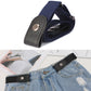Buckle-free elastic PU leather waistband with snap, navy strap and metal eyelet.