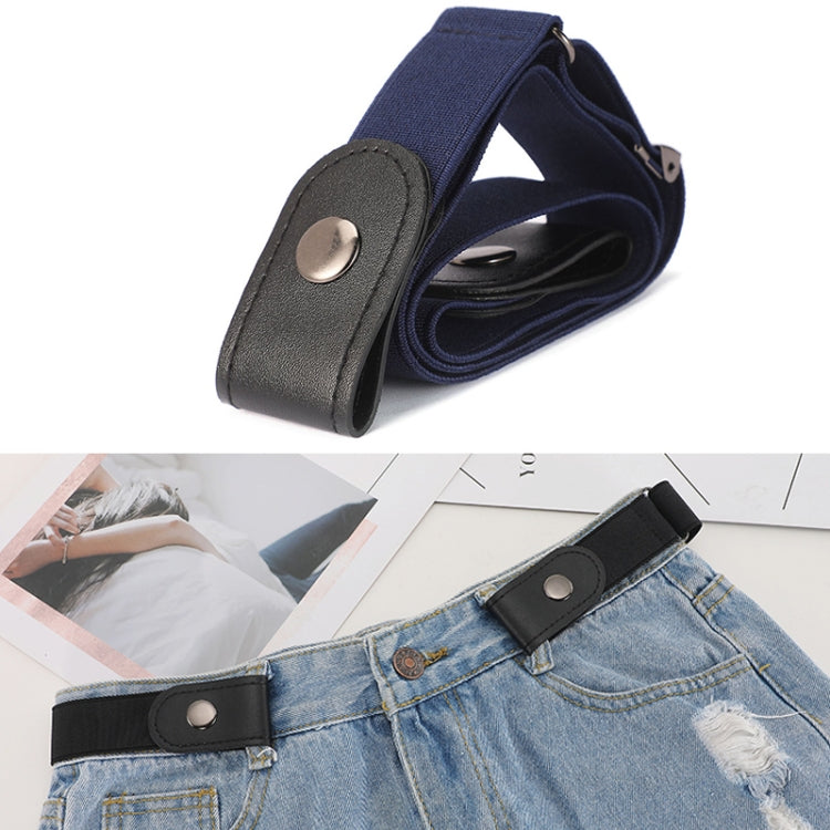 Buckle-free elastic PU leather waistband with snap, navy strap and metal eyelet.