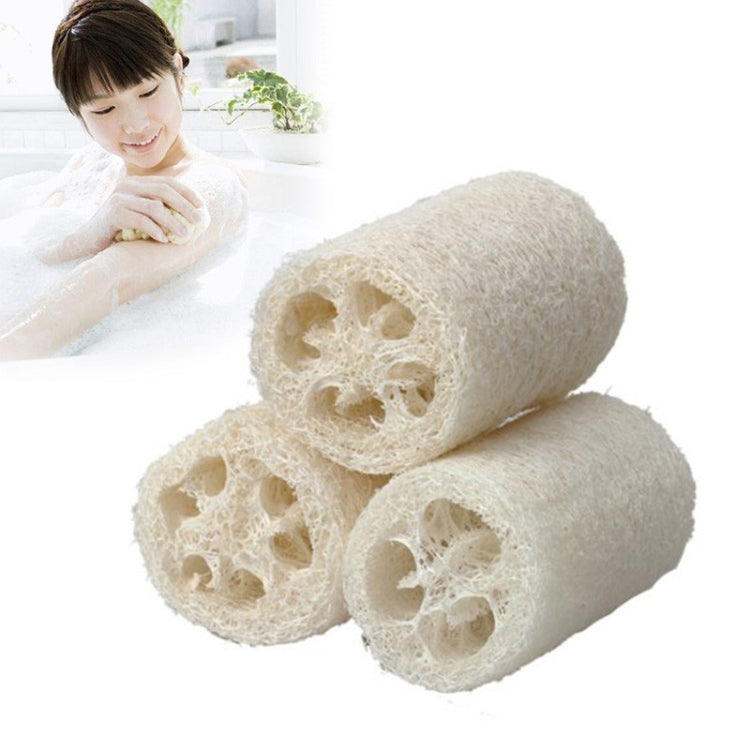 Natural loofah shower sponge rolls, beige porous cylinders with round air-hole cutouts