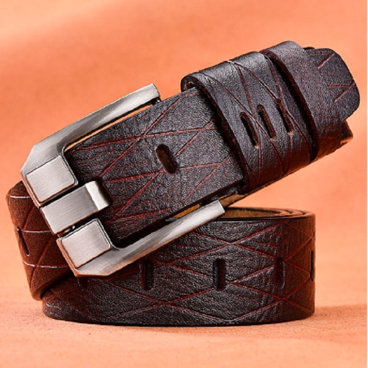 Mens vintage textured leather belt with dark brown finish and silver metal buckle