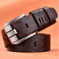 Mens vintage textured leather belt in dark brown with silver rectangular buckle