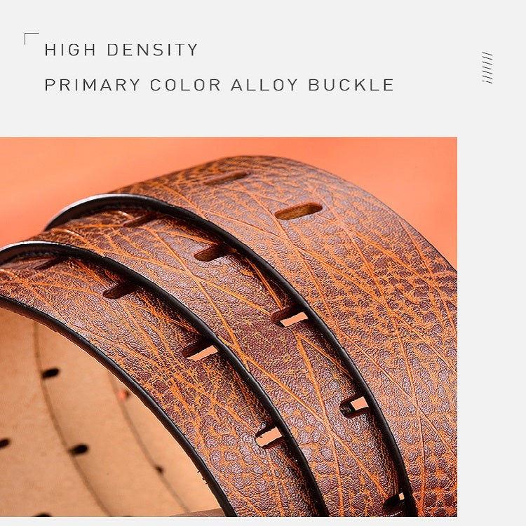 Close-up of textured leather belt in brown with punched adjustment holes
