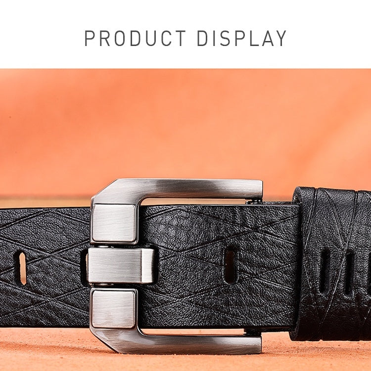Black textured leather belt with silver buckle and metal keeper pieces