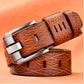 Orange-brown textured leather belt with silver metal buckle and punched holes