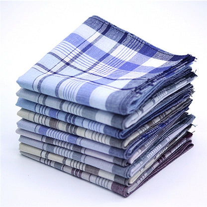 Cotton pocket square set, folded stack of blue plaid stripes with dark fringe edges