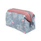 Flamingo patterned cosmetic bag with pink-and-gray fabric and side zipper pull, travel size