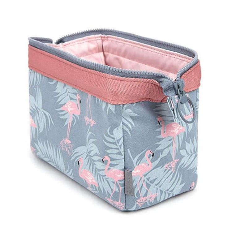 Flamingo cosmetic bag with open top, pink lining and zip track, compact toiletry organizer