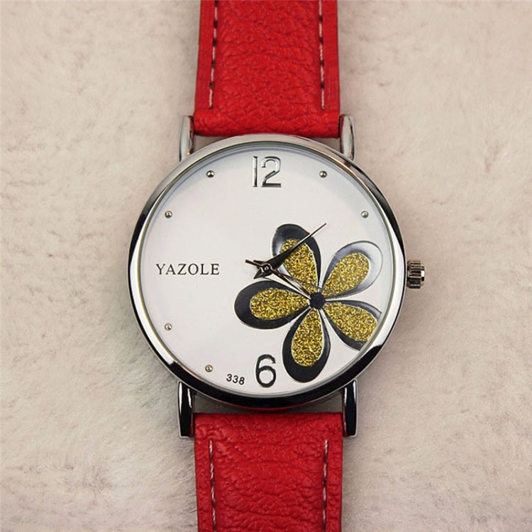 Ladies quartz watch with red leather strap, silver case, white dial with gold glitter four-leaf clover