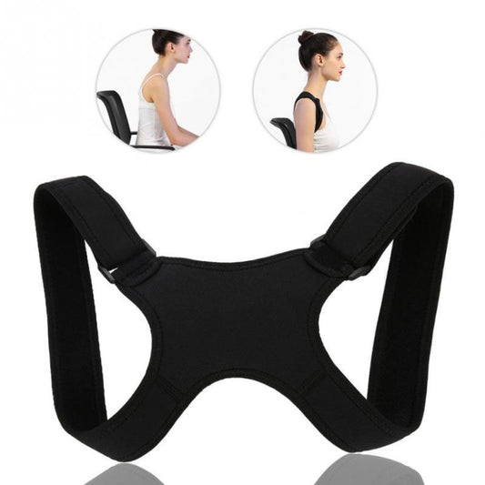 Black posture corrector belt with wide adjustable shoulder straps, adult back support