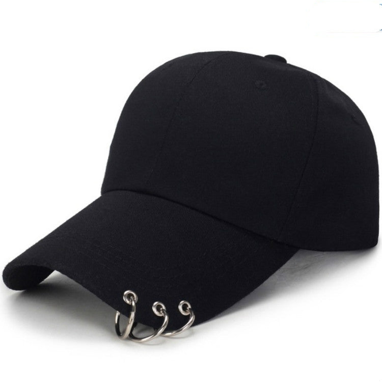 Black unisex baseball cap with curved brim and metal ring adjustable strap