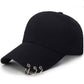 Black unisex baseball cap with curved brim and front metal ring hardware