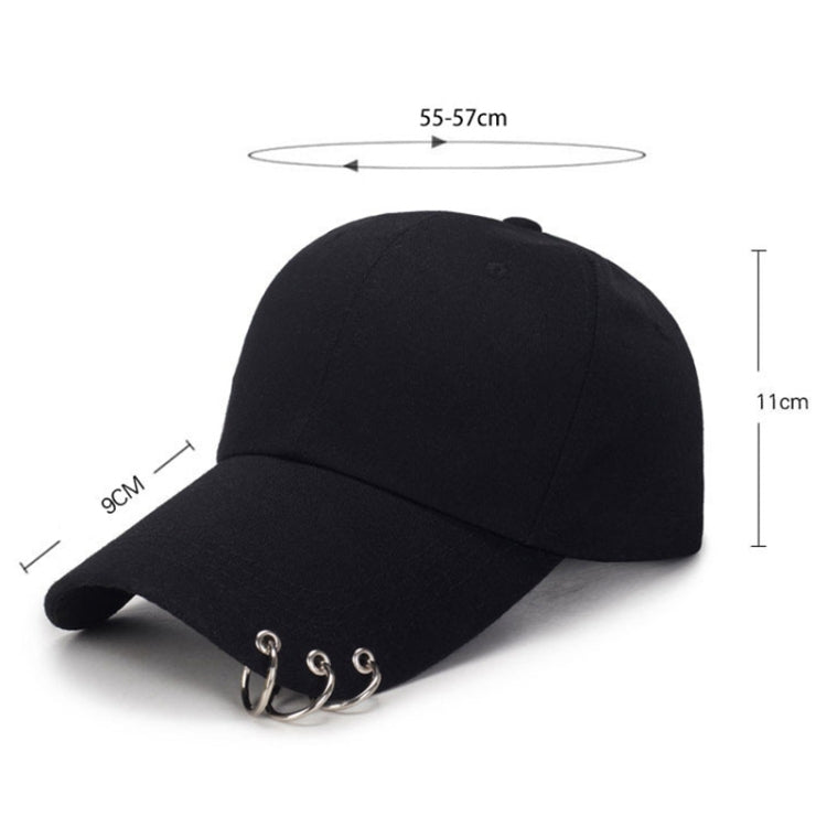 Black unisex baseball cap with curved brim and metal ring adjustable closure