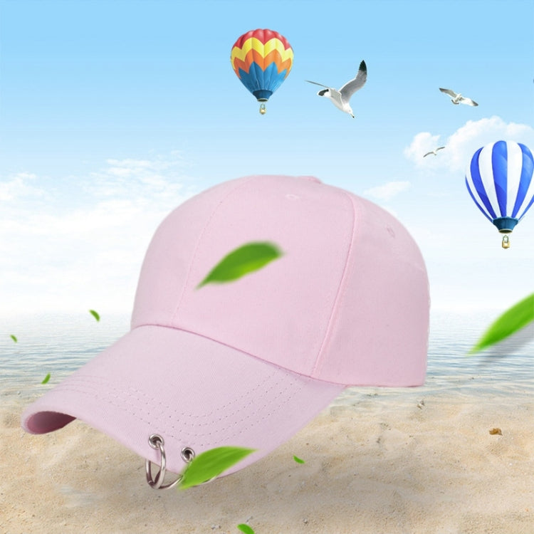 Pink unisex baseball cap with curved brim and metal ring adjustable strap