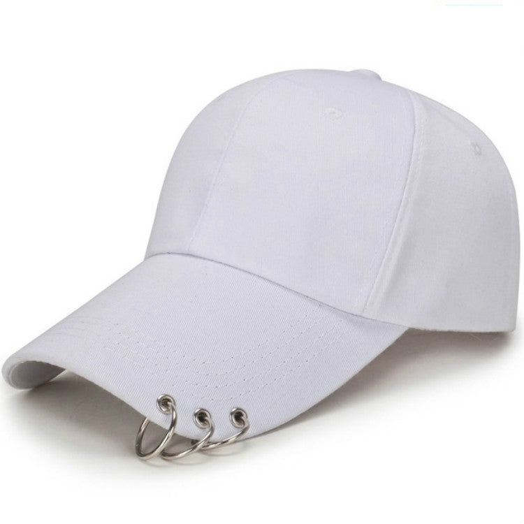 White unisex adjustable baseball cap with metal ring strap