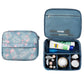 Blue cosmetic bag set: one flamingo print bag, one navy mesh top bag with divider