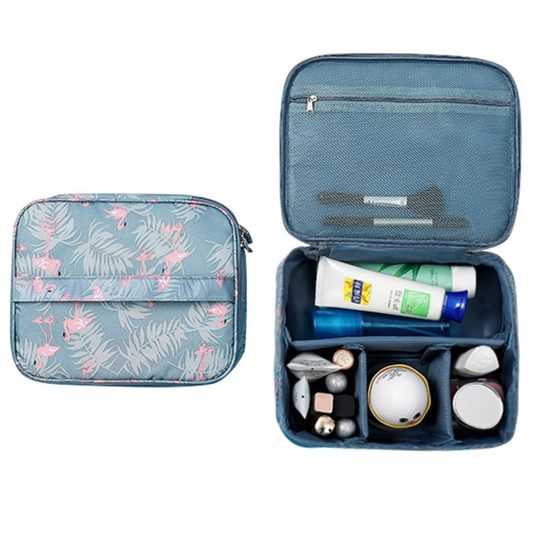 Blue cosmetic bag set: one flamingo print bag, one navy mesh top bag with divider