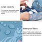 Blue waterproof cosmetic bag with zip closure, mesh panel, and open organizer pockets