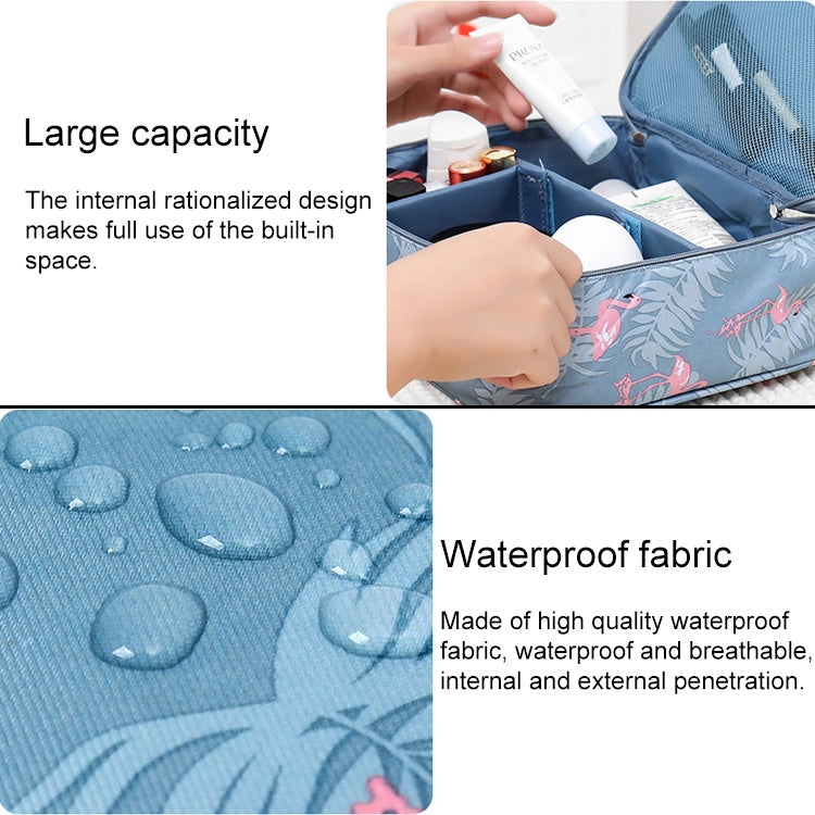 Blue waterproof cosmetic bag with zip closure, mesh panel, and open organizer pockets