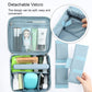 Light blue cosmetic bag with detachable velcro organizer panels and zippered mesh pocket