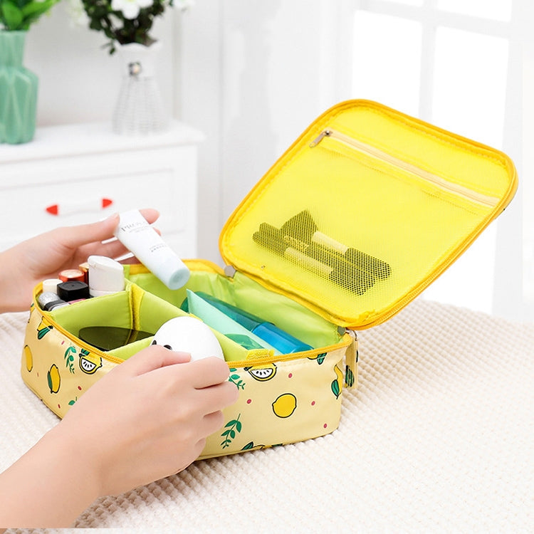Yellow waterproof padded cosmetic bag with zip-top mesh pocket, open and organizer compartments.
