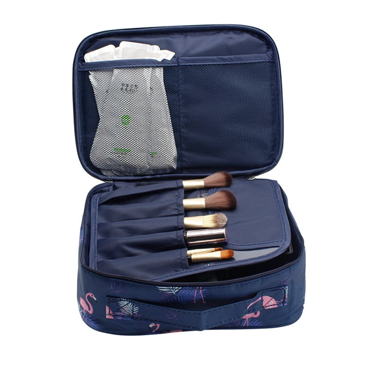 Navy waterproof makeup bag with zip closure, open organizer pockets for cosmetics and brushes.