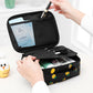 Black waterproof padded cosmetic bag with zip top, open compartments for makeup brushes and items.