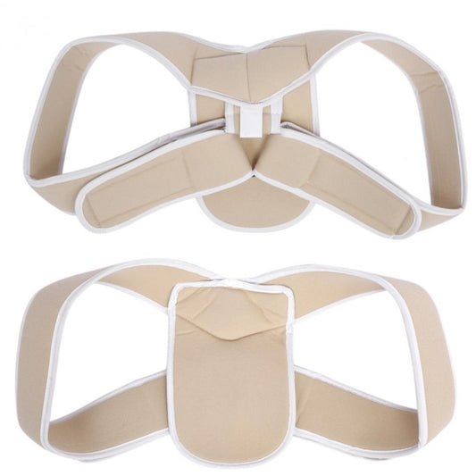 Beige posture corrector back brace with padded shoulder straps and center pad