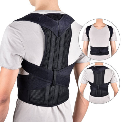 Black back posture corrector brace with shoulder straps, breathable mesh panels, waist band