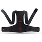 Black posture corrector brace with tall back panel, adjustable shoulder straps, wide waist support