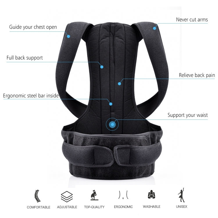 Black posture brace with back support panel, ergonomic shoulder straps, and waist stabilizer