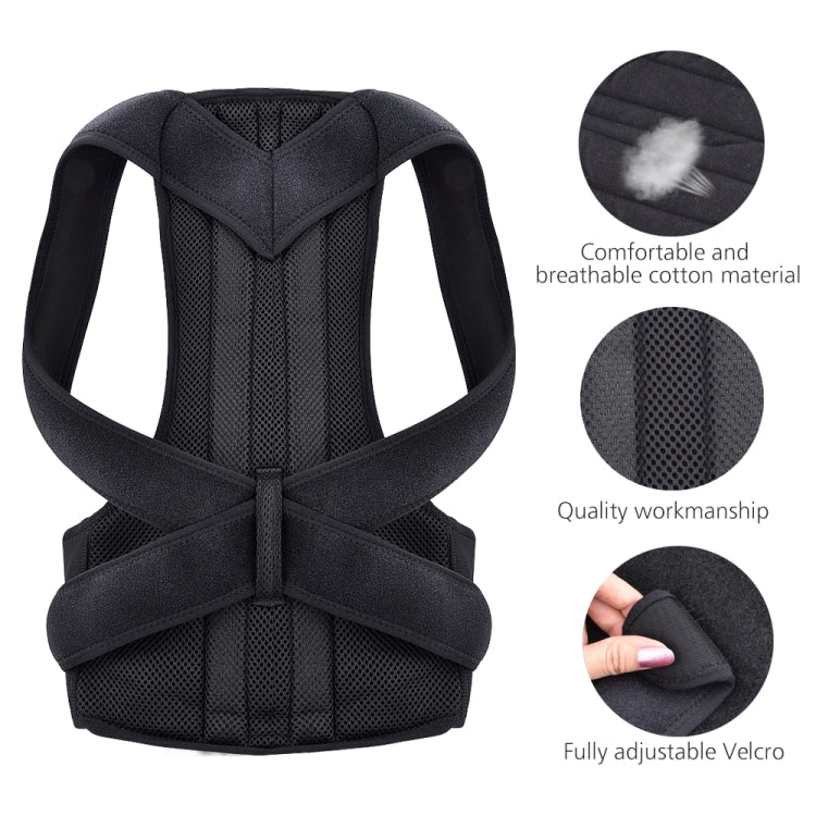 Black breathable posture corrector brace with padded Y-shaped back support and adjustable straps