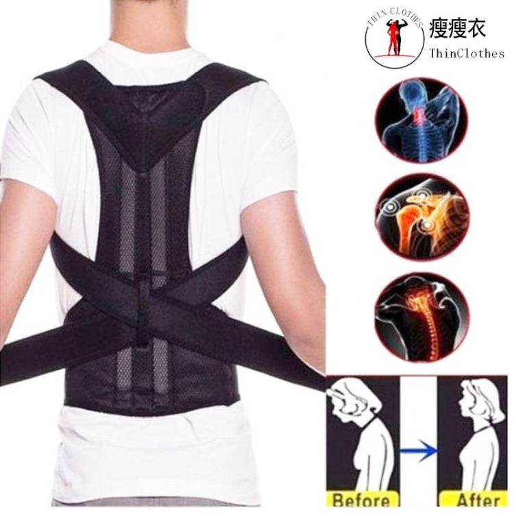 Black posture correction back brace worn under a white shirt, with crisscross support straps