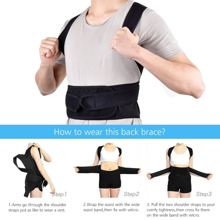 Black posture corrector brace with adjustable waist band worn on torso over a light shirt