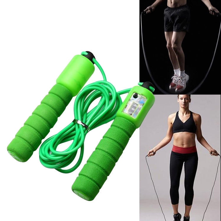Green adjustable jump rope with foam handles and built-in counting display