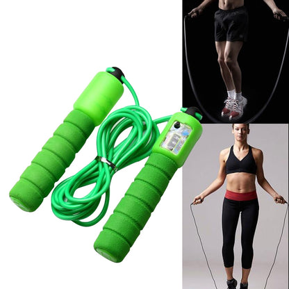 Green adjustable jump rope with foam handles and built-in counting display