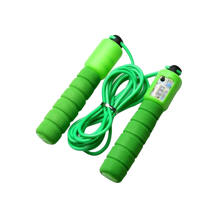 Green adjustable jump rope with foam handles and counting module